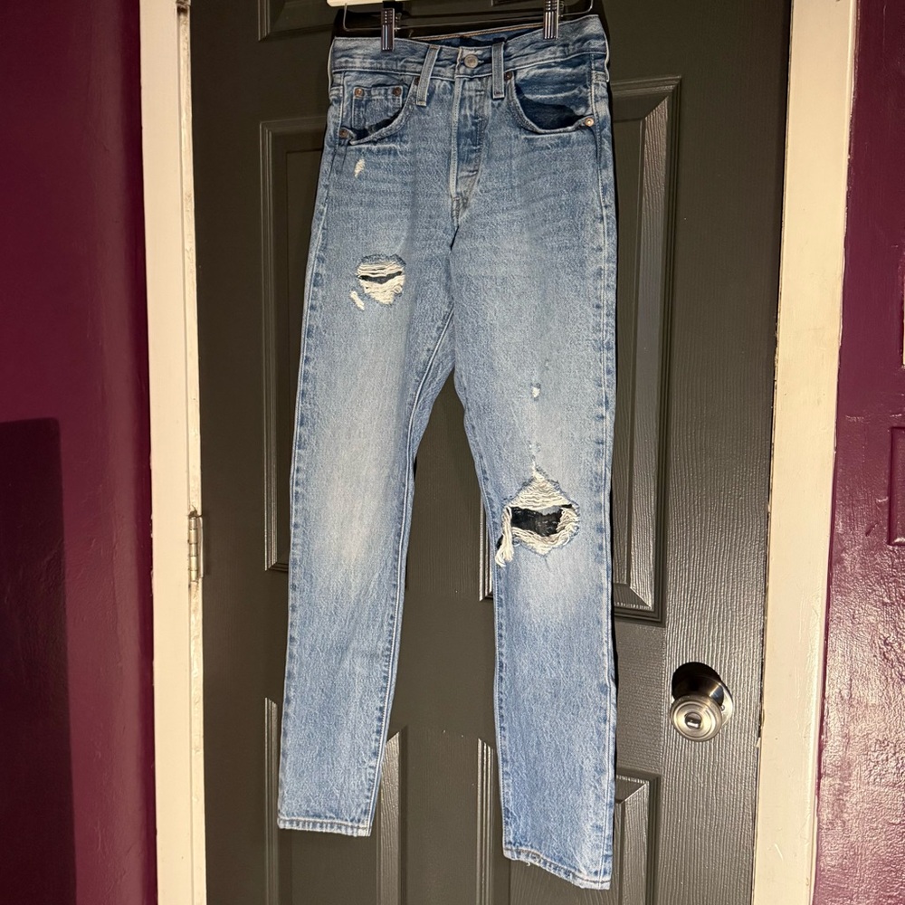 Levi's Light Blue 501 Skinny Leg Jeans with Distressed Details